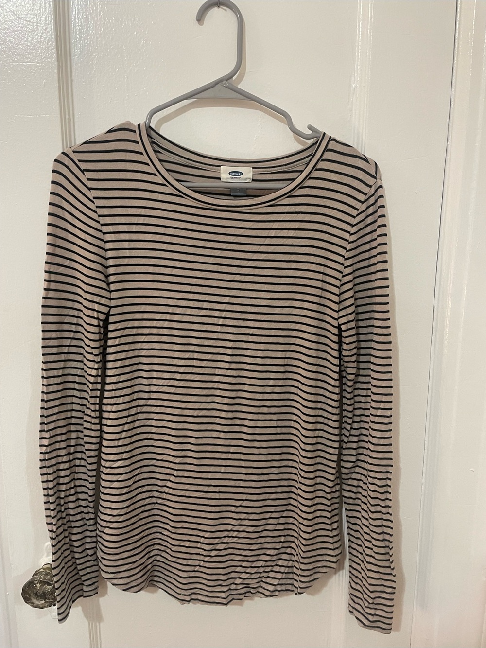 Old Navy Beige and Black Striped Crewneck Sweater